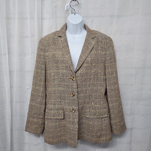 Vintage Ann Taylor Brown Herringbone Blazer Linen Silk Wool Classic 12 - Picture 1 of 11